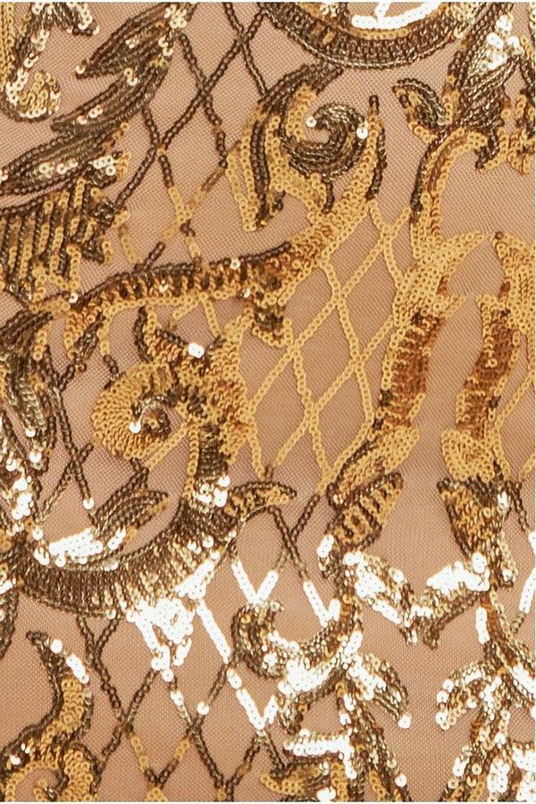 Goddiva Sequin Square Neck Bodycon Midi Dress With Scalloped Hem - Gold By Goddiva