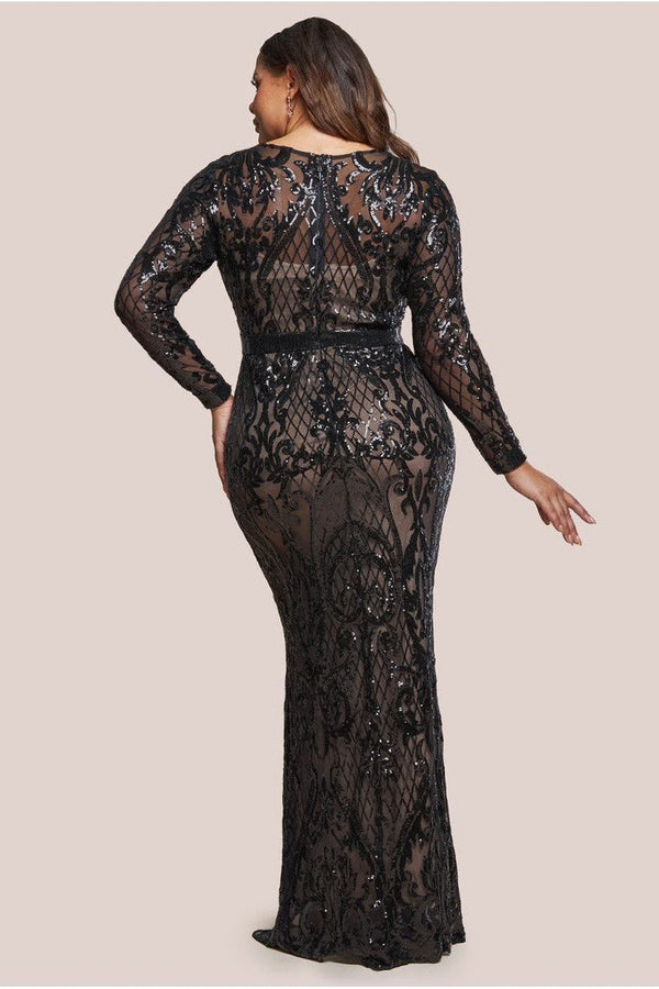 Goddiva Sequin Square Neck Maxi With Scallop Hem - Black By Goddiva Plus