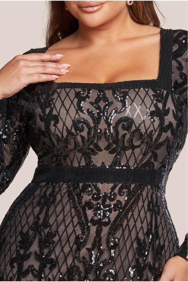 Goddiva Sequin Square Neck Maxi With Scallop Hem - Black By Goddiva Plus