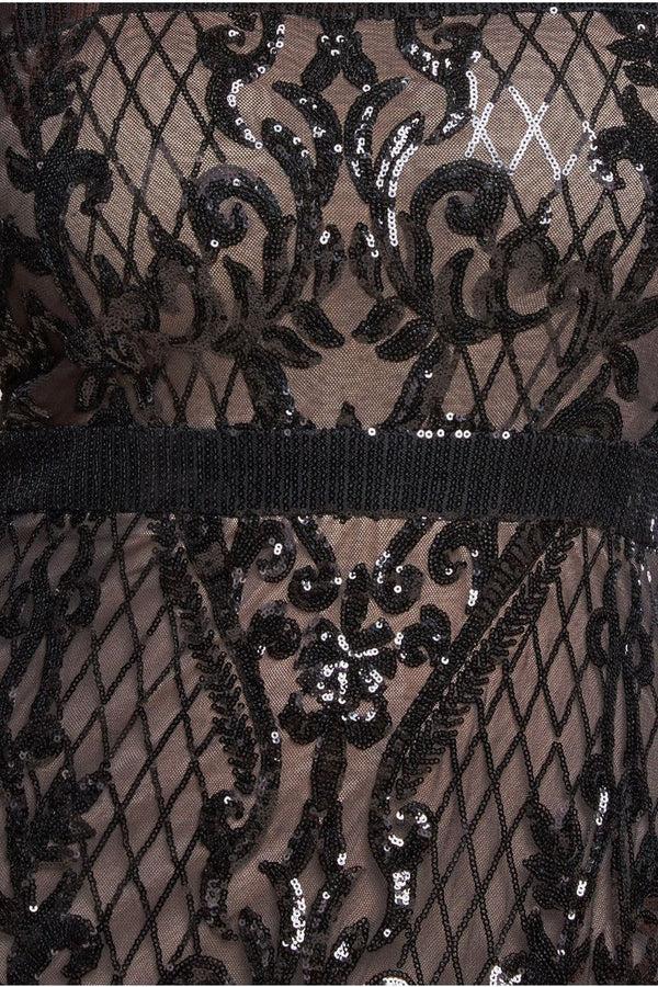 Goddiva Sequin Square Neck Maxi With Scallop Hem - Black By Goddiva Plus