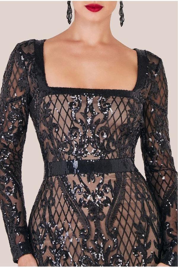 Goddiva Sequin Square Neck Maxi With Scallop Hem - Black By Goddiva