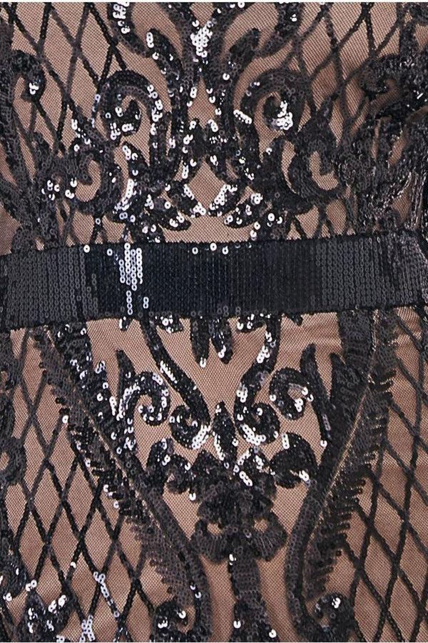 Goddiva Sequin Square Neck Maxi With Scallop Hem - Black By Goddiva