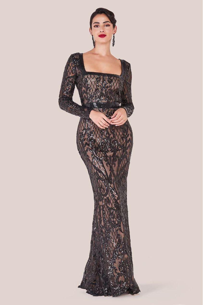 goddiva Sequin Square Neck Maxi With Scallop Hem - Black by Goddiva