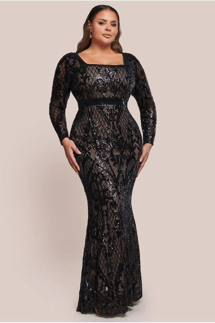 goddiva Sequin Square Neck Maxi With Scallop Hem - Black by Goddiva Plus