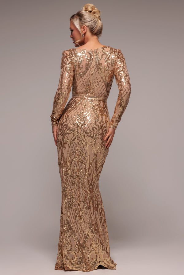 Goddiva Sequin Square Neck Maxi With Scallop Hem - Gold By Goddiva