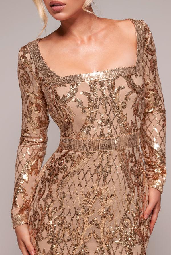 Goddiva Sequin Square Neck Maxi With Scallop Hem - Gold By Goddiva