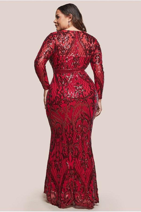 Goddiva Sequin Square Neck Maxi With Scallop Hem - Red By Goddiva Plus