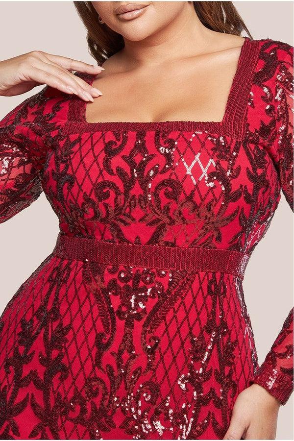 Goddiva Sequin Square Neck Maxi With Scallop Hem - Red By Goddiva Plus