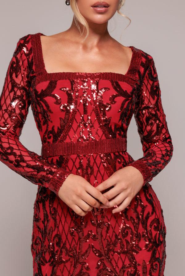 Goddiva Sequin Square Neck Maxi With Scallop Hem - Red By Goddiva