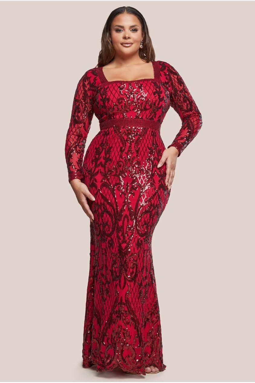 goddiva Sequin Square Neck Maxi With Scallop Hem - Red by Goddiva Plus