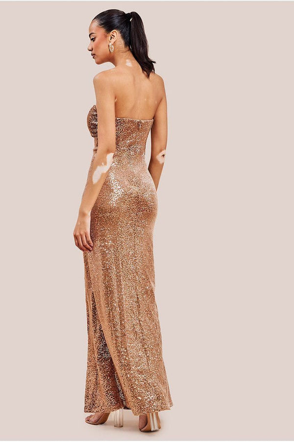 Goddiva Sequin Velvet Bandeau Maxi Dress - Champagne By Goddiva