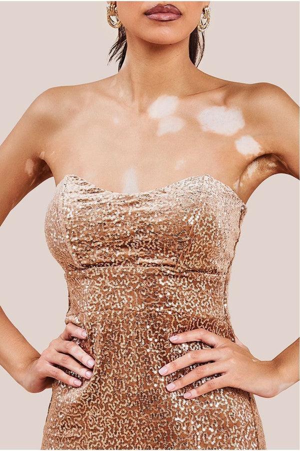 Goddiva Sequin Velvet Bandeau Maxi Dress - Champagne By Goddiva