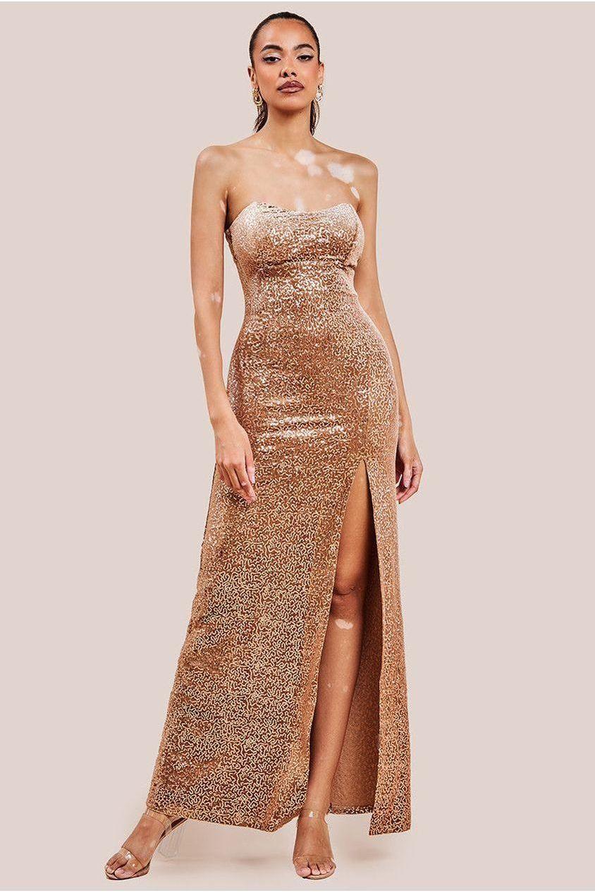goddiva Sequin Velvet Bandeau Maxi Dress - Champagne by Goddiva