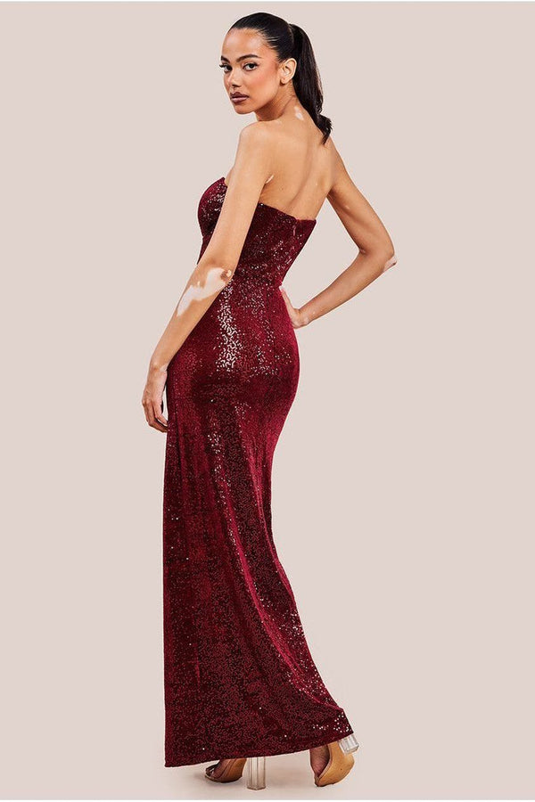 Goddiva Sequin Velvet Bandeau Maxi Dress - Wine By Goddiva