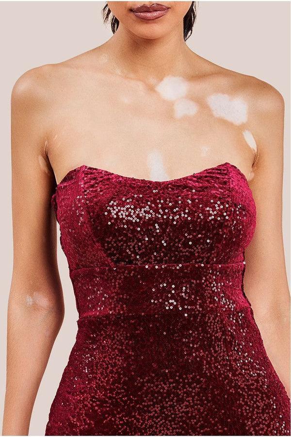 Goddiva Sequin Velvet Bandeau Maxi Dress - Wine By Goddiva