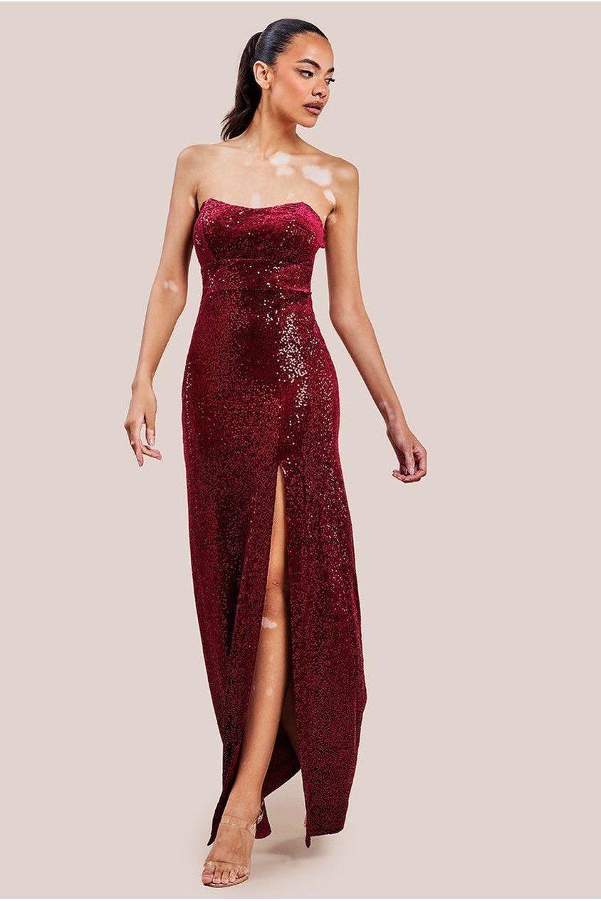 goddiva Sequin Velvet Bandeau Maxi Dress - Wine by Goddiva