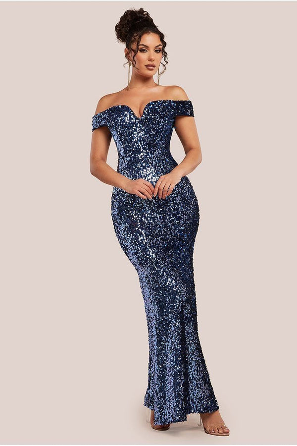 Goddiva Sequin Velvet Bardot Evening Maxi Dress - Midnight Blue By Goddiva