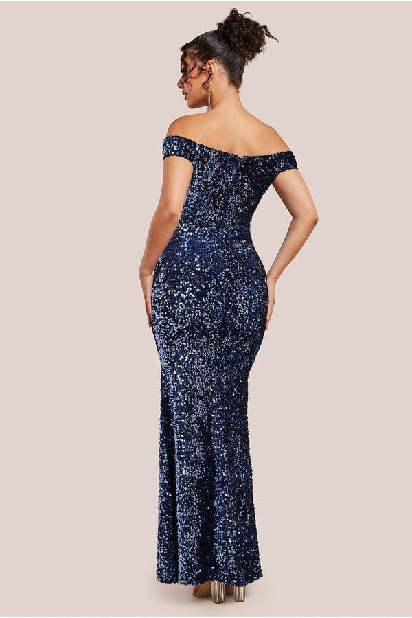 Goddiva Sequin Velvet Bardot Evening Maxi Dress - Midnight Blue By Goddiva