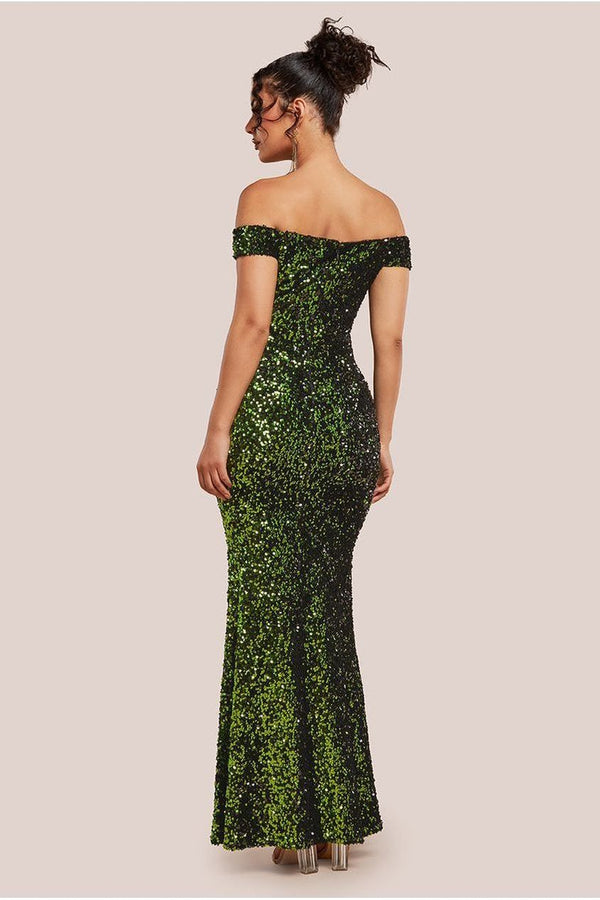 Goddiva Sequin Velvet Bardot Evening Maxi Dress - Olive Green By Goddiva