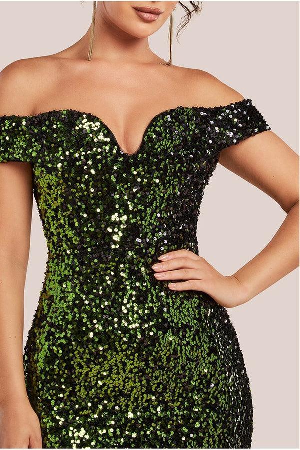 Goddiva Sequin Velvet Bardot Evening Maxi Dress - Olive Green By Goddiva