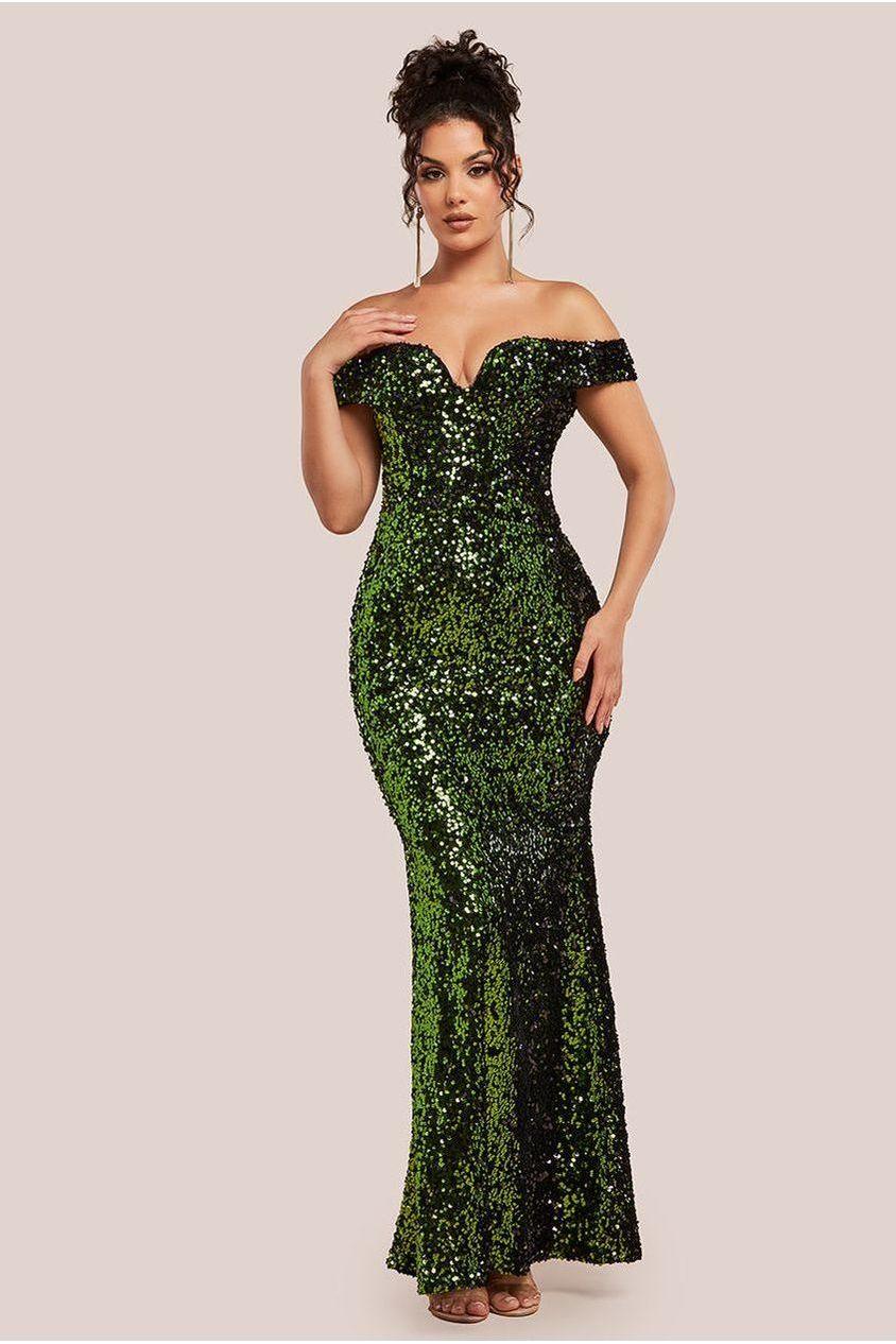 goddiva Sequin Velvet Bardot Evening Maxi Dress - Olive Green by Goddiva