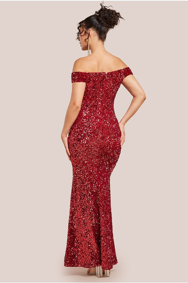Goddiva Sequin Velvet Bardot Evening Maxi Dress - Red By Goddiva