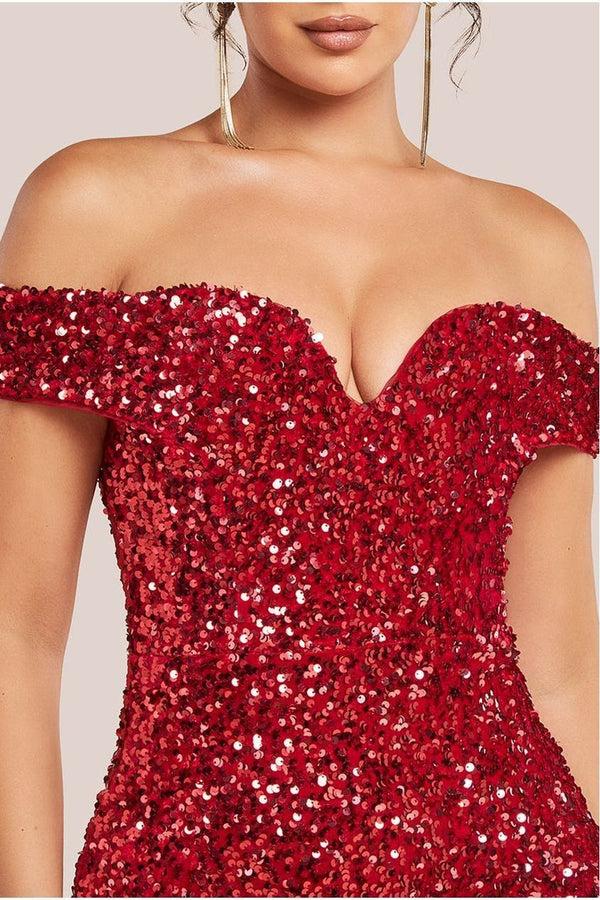 Goddiva Sequin Velvet Bardot Evening Maxi Dress - Red By Goddiva