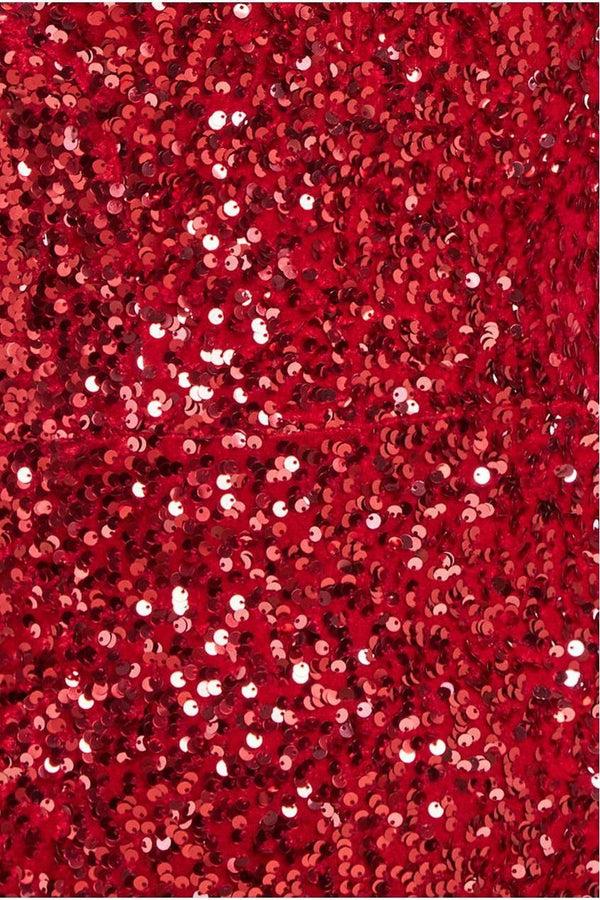Goddiva Sequin Velvet Bardot Evening Maxi Dress - Red By Goddiva