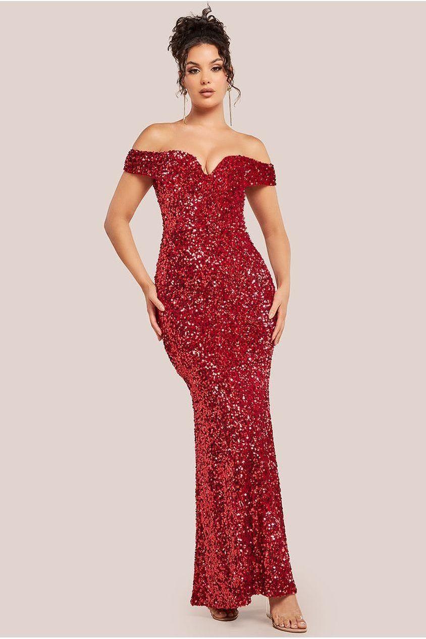 goddiva Sequin Velvet Bardot Evening Maxi Dress - Red by Goddiva