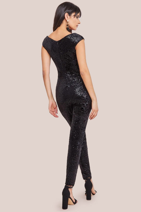 Goddiva Sequin Velvet Bardot Jumpsuit - Black By Goddiva
