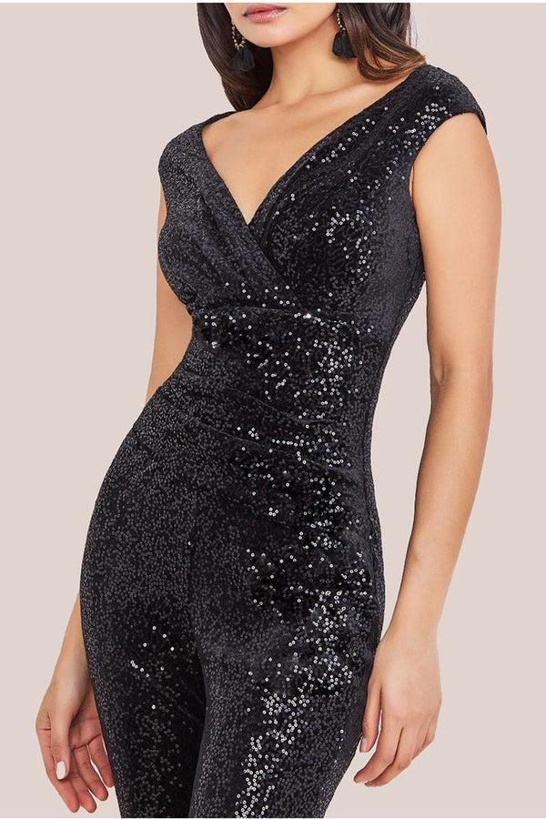 Goddiva Sequin Velvet Bardot Jumpsuit - Black By Goddiva