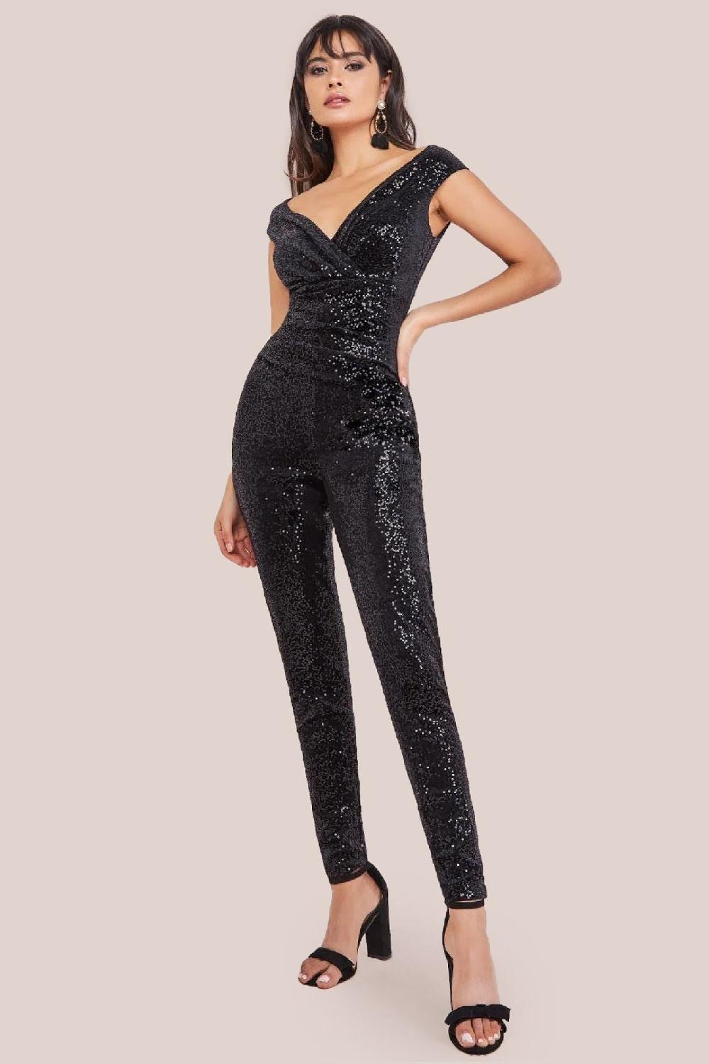 goddiva Sequin Velvet Bardot Jumpsuit - Black by Goddiva
