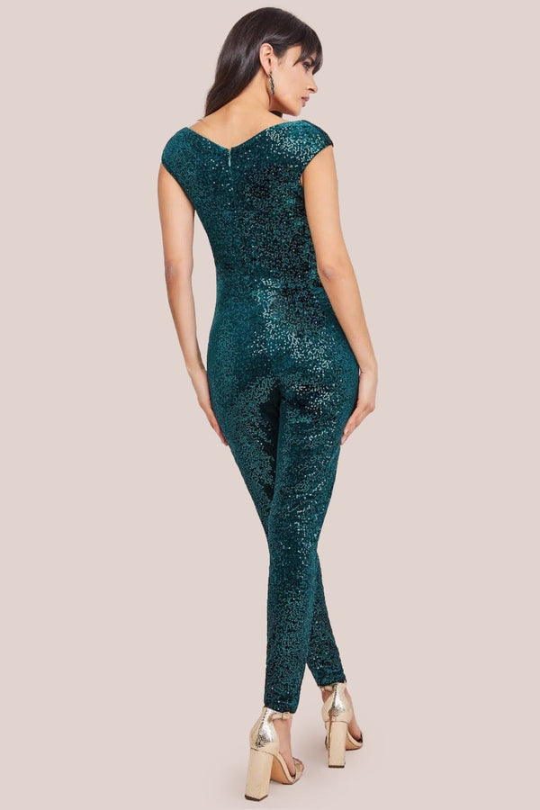 Goddiva Sequin Velvet Bardot Jumpsuit - Emerald Green By Goddiva