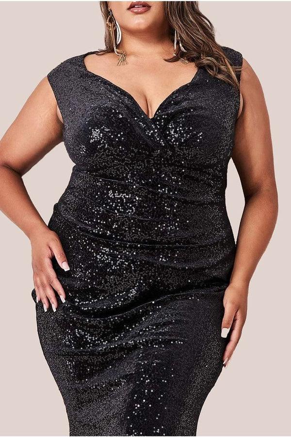 Goddiva Sequin & Velvet Bardot Maxi Dress - Black By Goddiva Plus