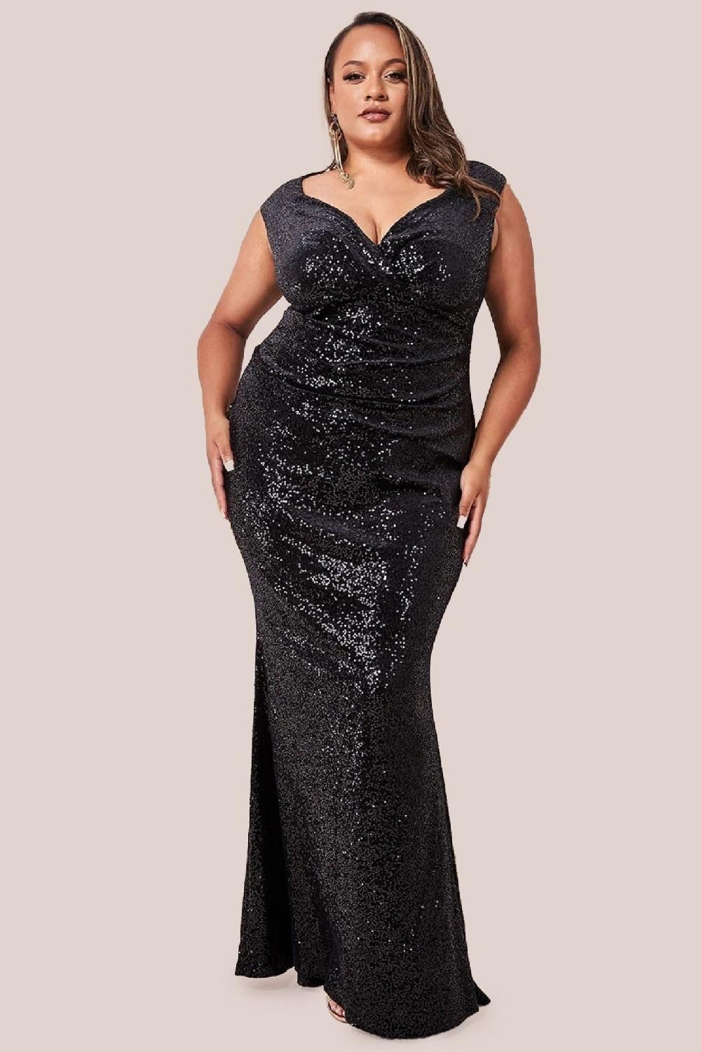 goddiva Sequin & Velvet Bardot Maxi Dress - Black by Goddiva Plus