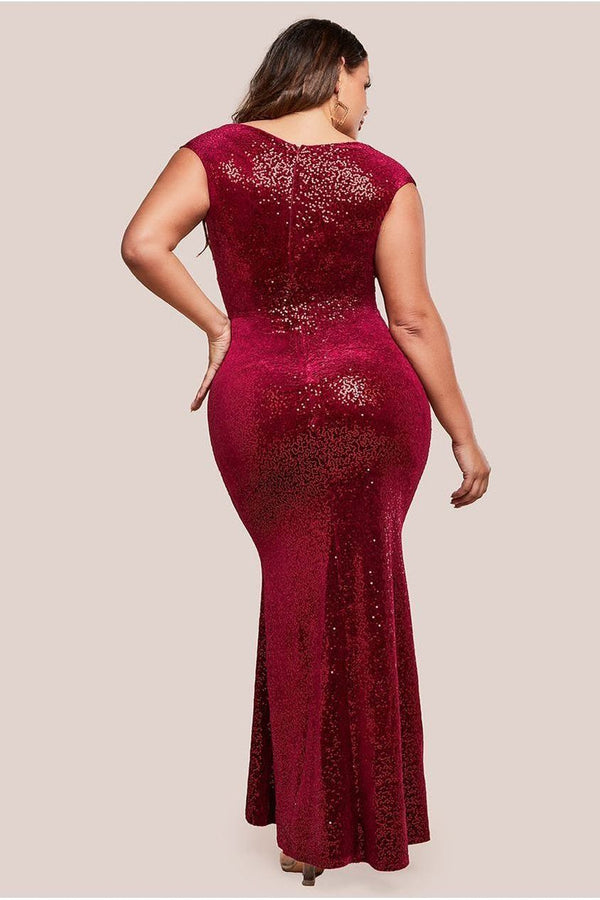 Goddiva Sequin & Velvet Bardot Maxi Dress - Wine By Goddiva Plus