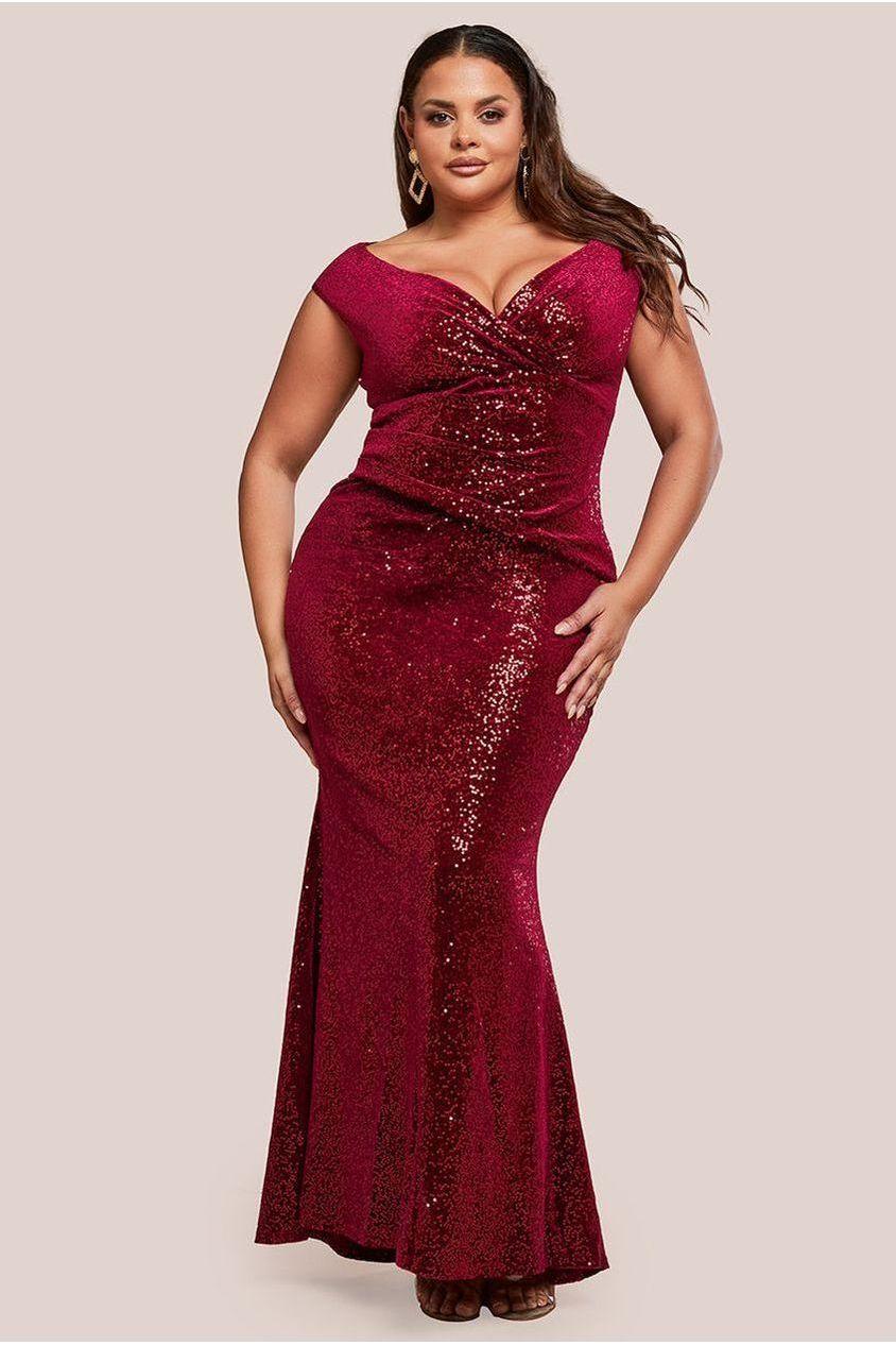goddiva Sequin & Velvet Bardot Maxi Dress - Wine by Goddiva Plus