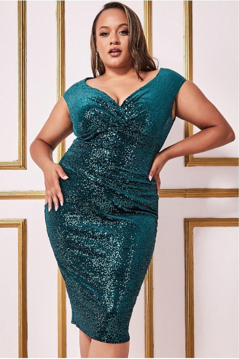 goddiva Sequin & Velvet Bardot Midi - Emerald Green by Goddiva Plus