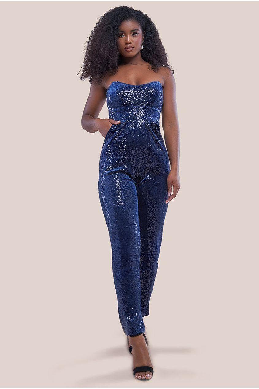 goddiva Sequin & Velvet Corset Jumpsuit - Blue by Goddiva