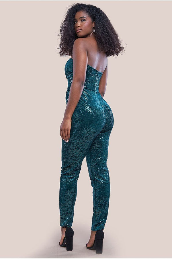Goddiva Sequin & Velvet Corset Jumpsuit - Emerald Green By Goddiva