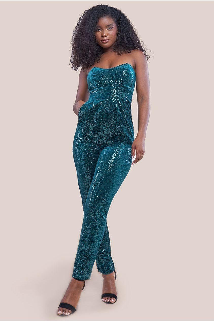 goddiva Sequin & Velvet Corset Jumpsuit - Emerald Green by Goddiva