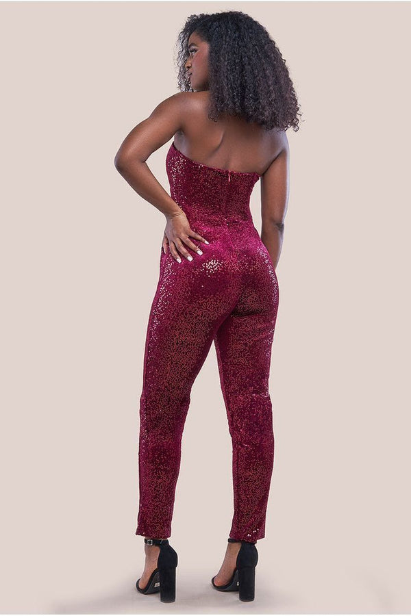 Goddiva Sequin & Velvet Corset Jumpsuit - Wine By Goddiva