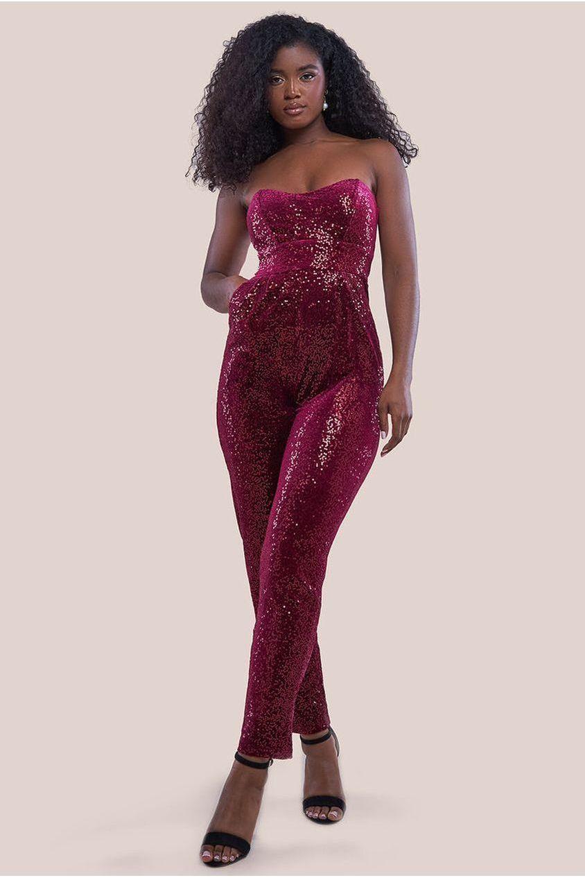 goddiva Sequin & Velvet Corset Jumpsuit - Wine by Goddiva