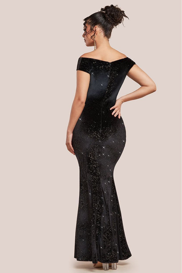 Goddiva Shimmer Velvet Bardot Maxi Dress - Black Gold By Goddiva