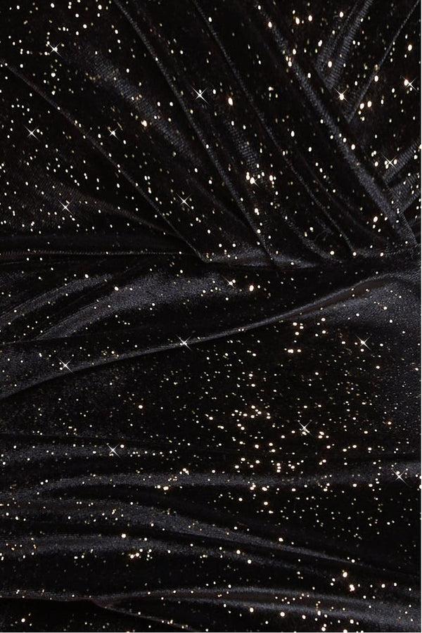 Goddiva Shimmer Velvet Bardot Maxi Dress - Black Gold By Goddiva