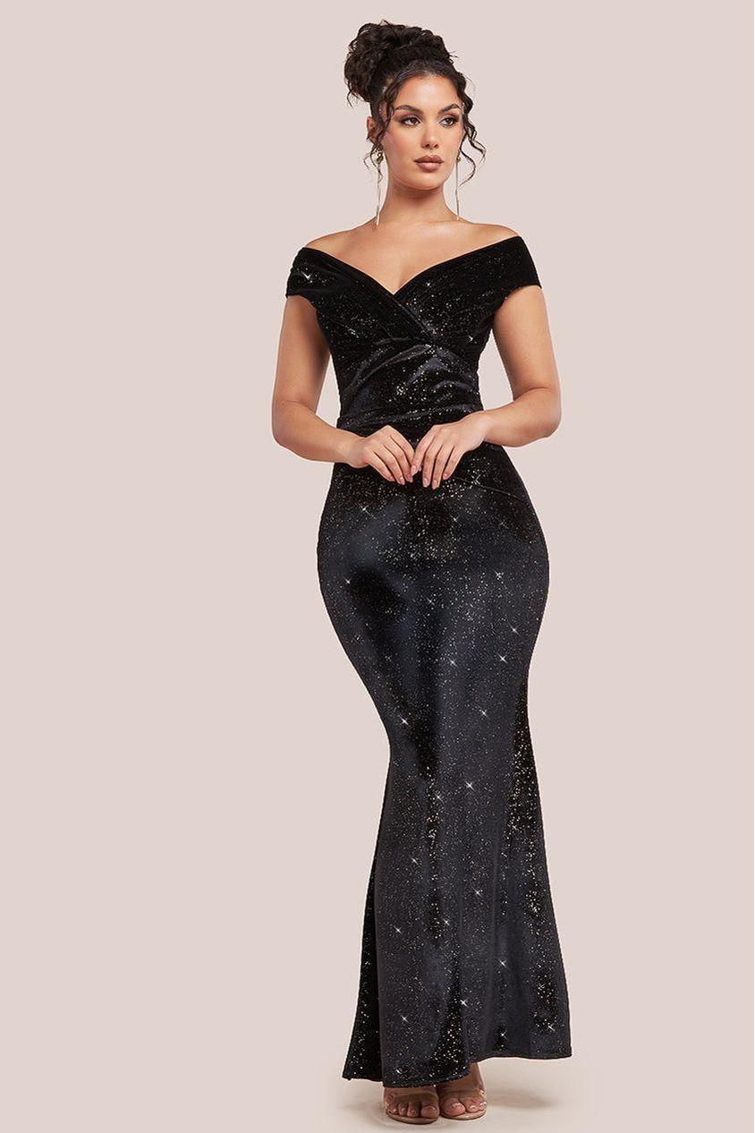 goddiva Shimmer Velvet Bardot Maxi Dress - Black Gold by Goddiva