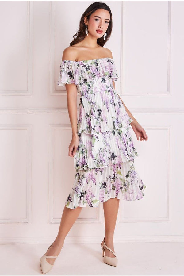 Goddiva Shirred Chiffon Floral Bardot Midi Dress - Multi By Goddiva