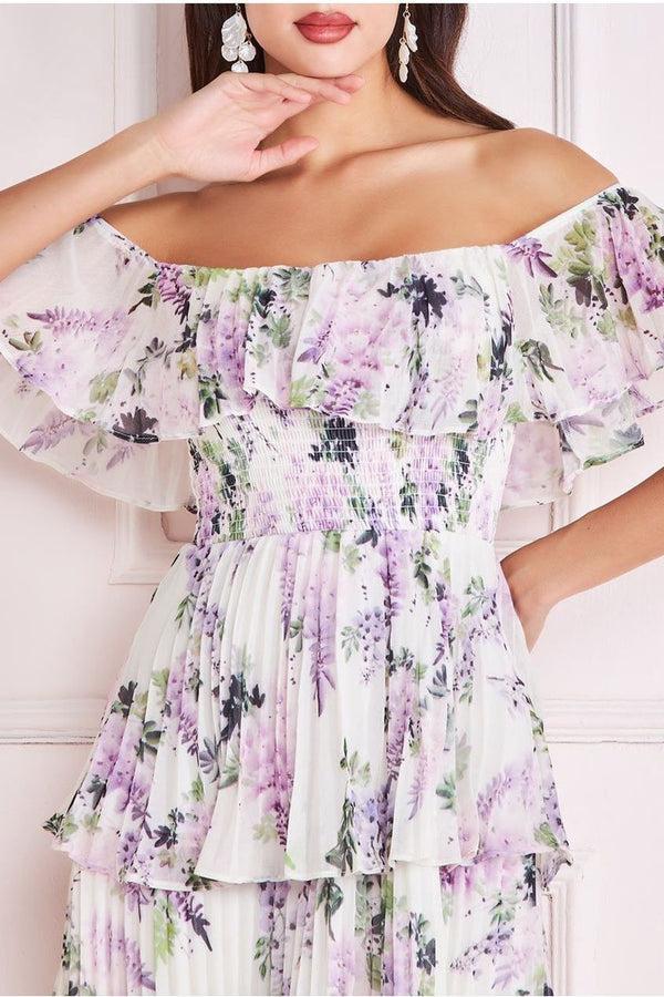 Goddiva Shirred Chiffon Floral Bardot Midi Dress - Multi By Goddiva