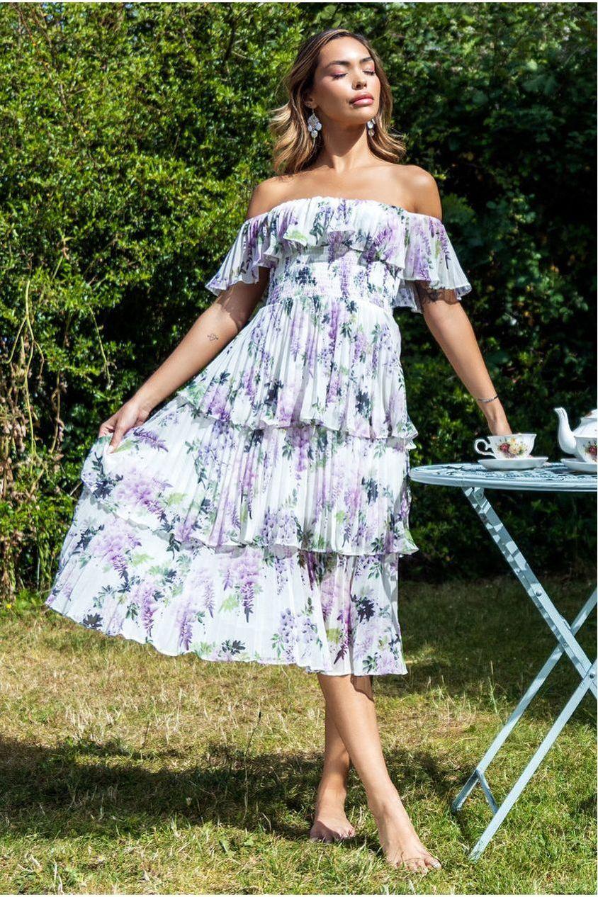 goddiva Shirred Chiffon Floral Bardot Midi Dress - Multi by Goddiva