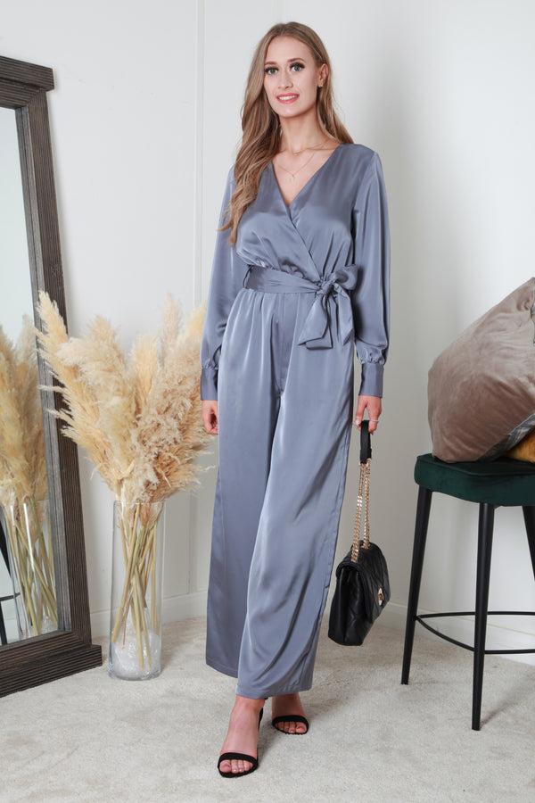 Goddiva Silver/blue Lux Satin Wrap Jumpsuit By Double Second